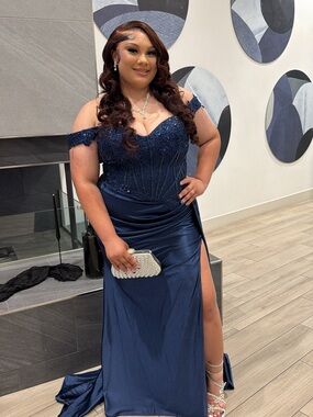 Off-Shoulder Navy Sequin Prom Gown with High Slit